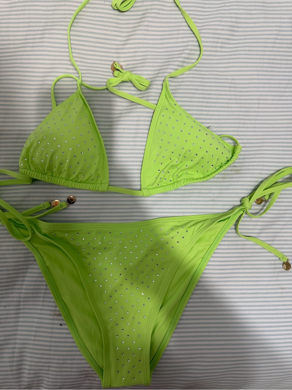 Bebe Neon Lime Crystal Triangle Bikini Set